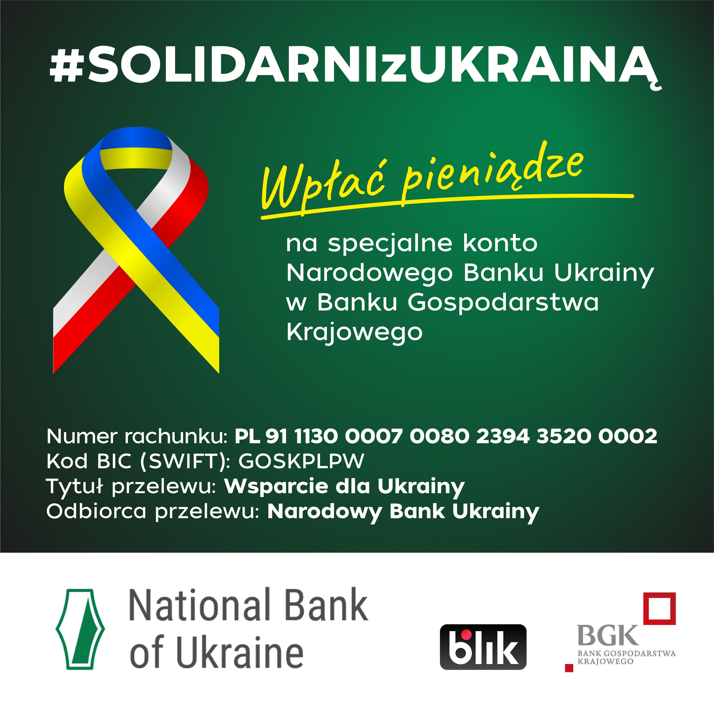 Grafika Solidarni z Ukrainą z numerem konta Narodowego Banku Ukrainy do wpłaty pieniędzy na rzecz wsparcia Ukrainy.